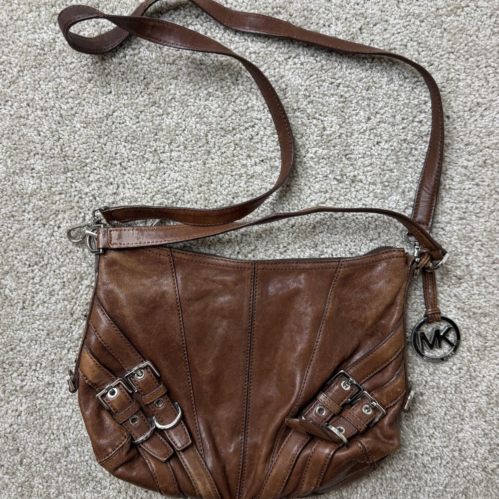 Michael Kors Crossbody Bag Womens Medium Brown Leather Buckle Zip MK Charm Purse